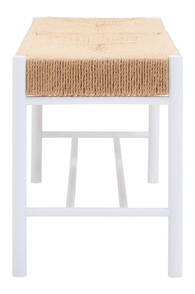 woven rope bench seat with white metal frame, photographed from the front
