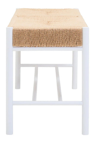 woven rope bench seat with white metal frame, photographed from the front