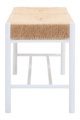 woven rope bench seat with white metal frame, photographed from the front