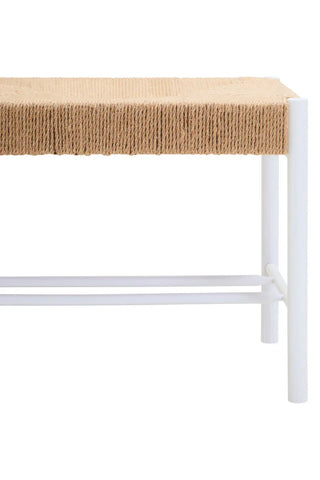 Natural rope bench with white metal frame and lower support bars, close side view