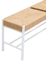 Woven rope bench seat on white metal frame, close-up of texture and leg detail