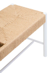 Natural rope bench seat with white metal frame, close-up of corner and woven pattern