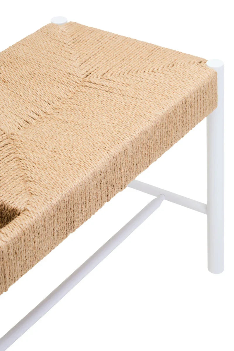 Natural rope bench seat with white metal frame, close-up of corner and woven pattern