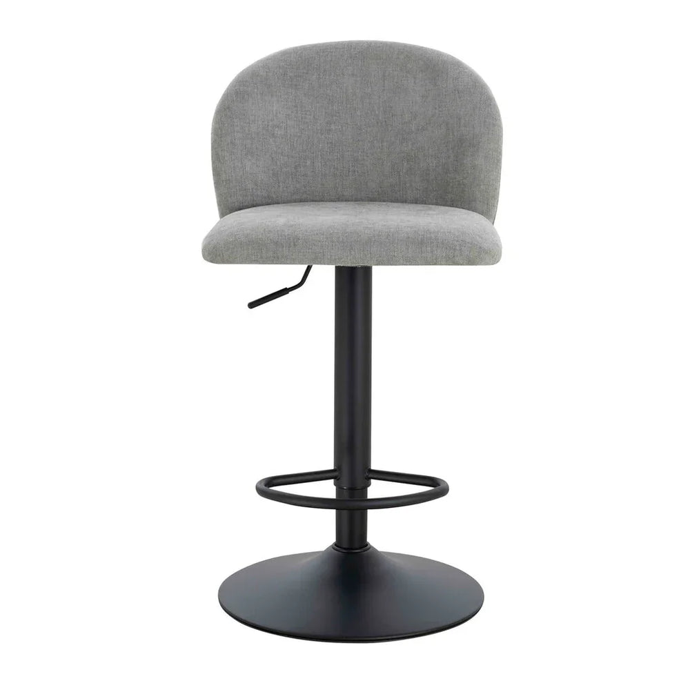 Grey fabric bar stool with curved backrest and black metal base, front view