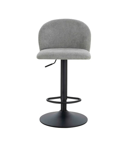 Grey fabric bar stool with curved backrest and black metal base, front view