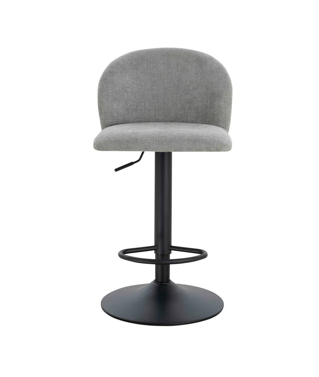 Grey fabric bar stool with curved backrest and black metal base, front view