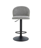 Grey fabric bar stool with curved backrest and black metal base, front view