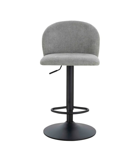 Grey fabric bar stool with curved backrest and black metal base, front view