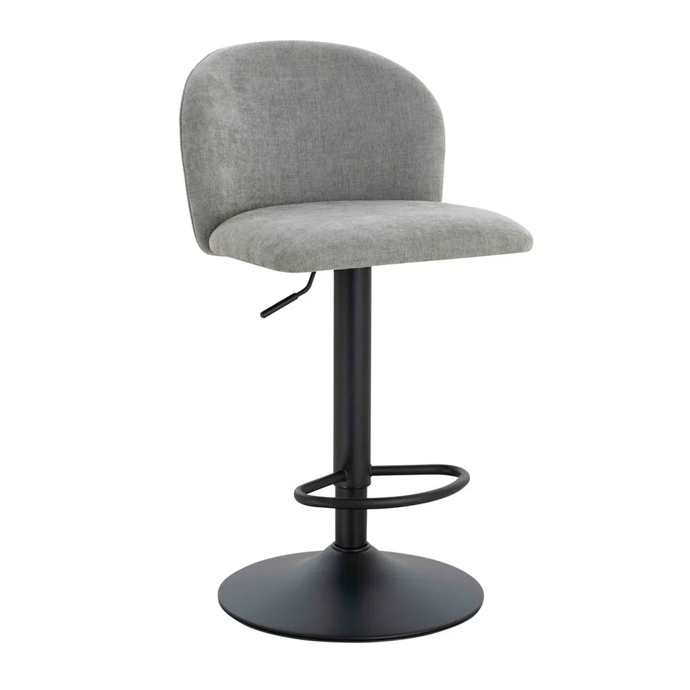 Grey fabric bar stool with black metal base and footrest, side lever for height adjustment