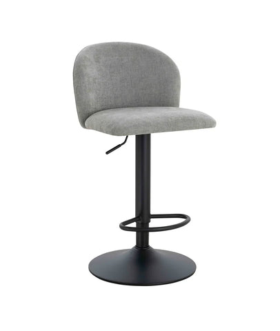 Grey fabric bar stool with black metal base and footrest, side lever for height adjustment