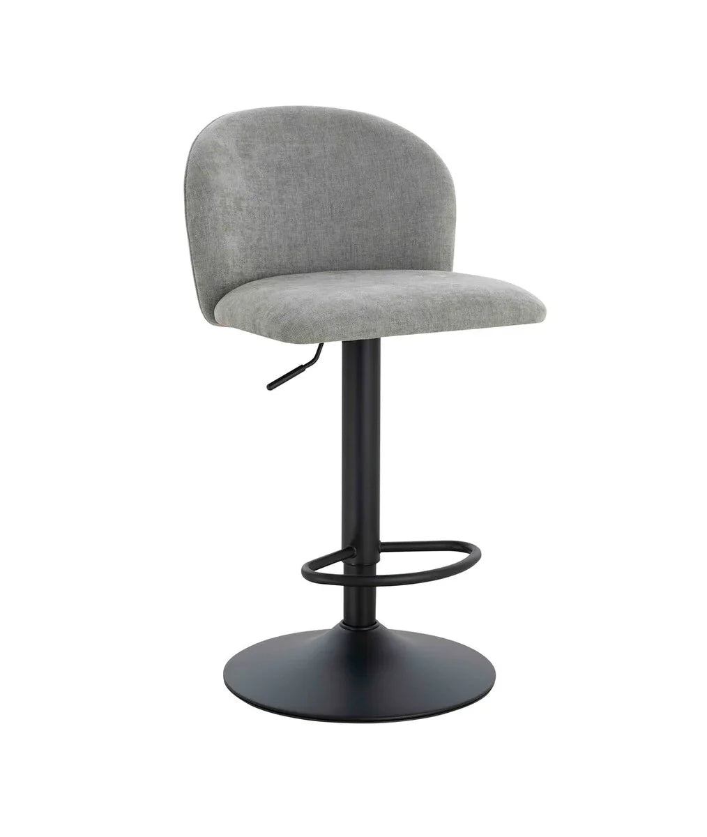 Grey fabric bar stool with black metal base and footrest, side lever for height adjustment