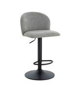 Grey fabric bar stool with black metal base and footrest, side lever for height adjustment