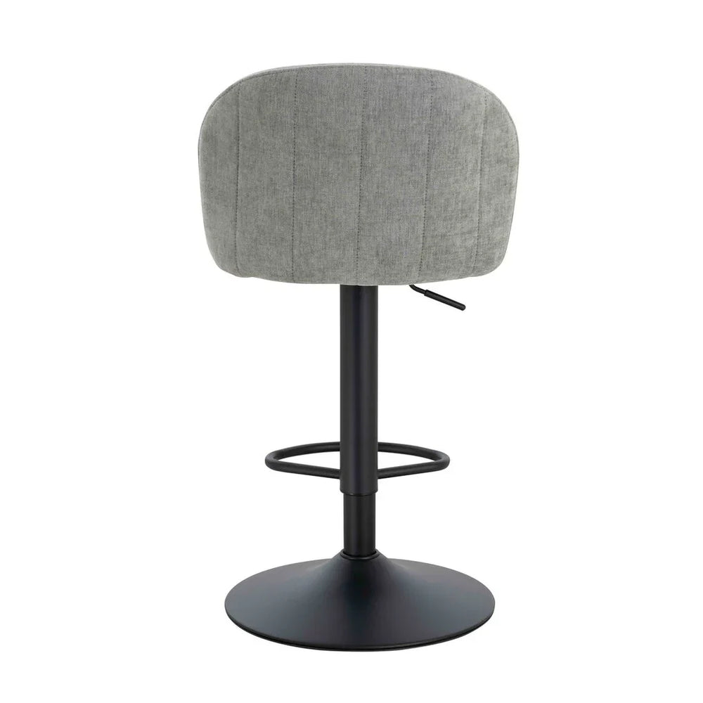 Grey fabric bar stool rear view with padded backrest and black metal base