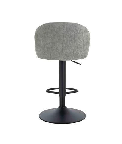 Grey fabric bar stool rear view with padded backrest and black metal base