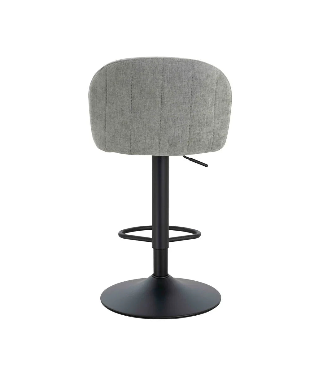 Grey fabric bar stool rear view with padded backrest and black metal base
