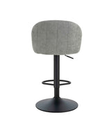 Grey fabric bar stool rear view with padded backrest and black metal base