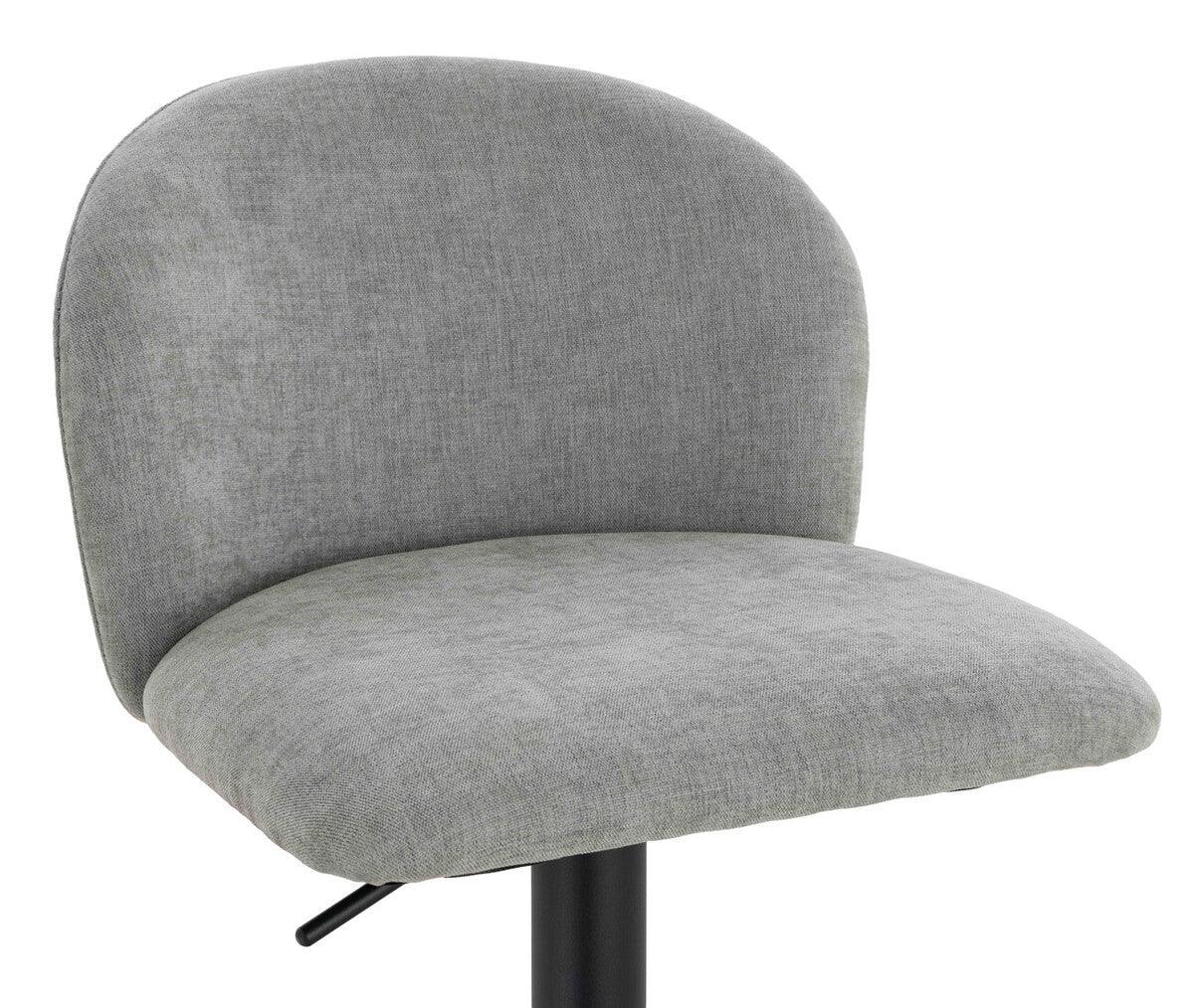 Light grey fabric office chair with padded seat and curved backrest