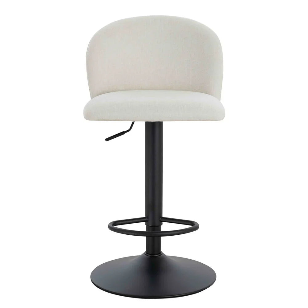 Cream fabric bar stool with curved backrest and black metal base, front view