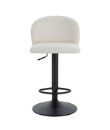 Cream fabric bar stool with curved backrest and black metal base, front view