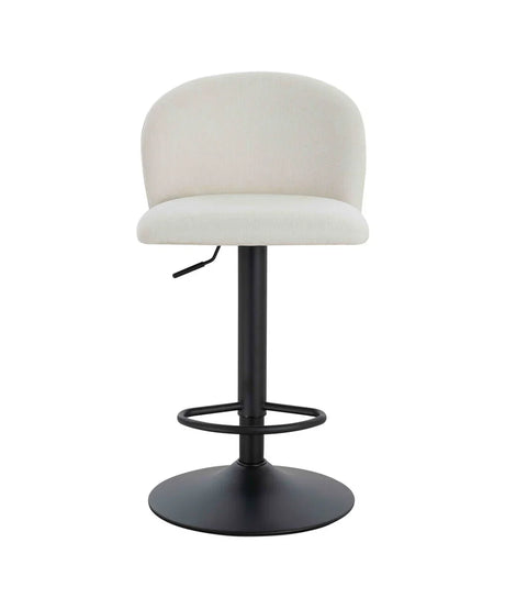 Cream fabric bar stool with curved backrest and black metal base, front view