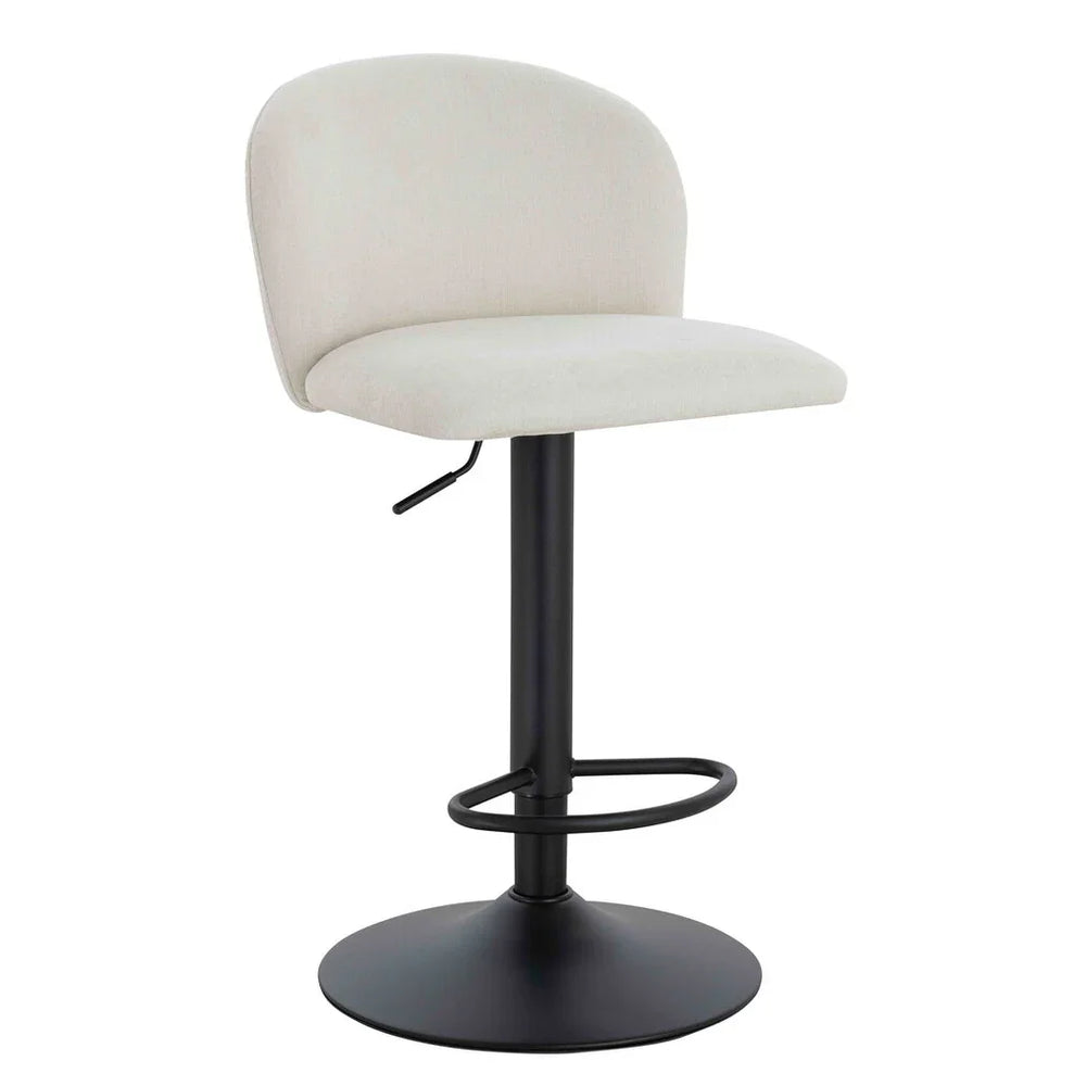 Beige fabric bar stool with black adjustable metal base and circular footrest