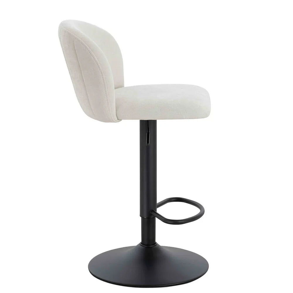 Beige fabric barstool with curved backrest and black pedestal base, side profile view