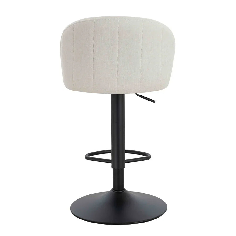 Beige fabric bar stool with black metal base and footrest, rear view