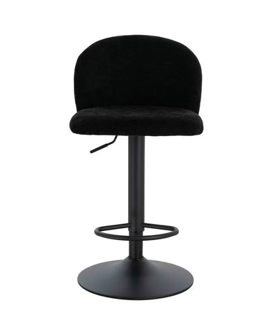 Black fabric bar stool with curved backrest and round metal base