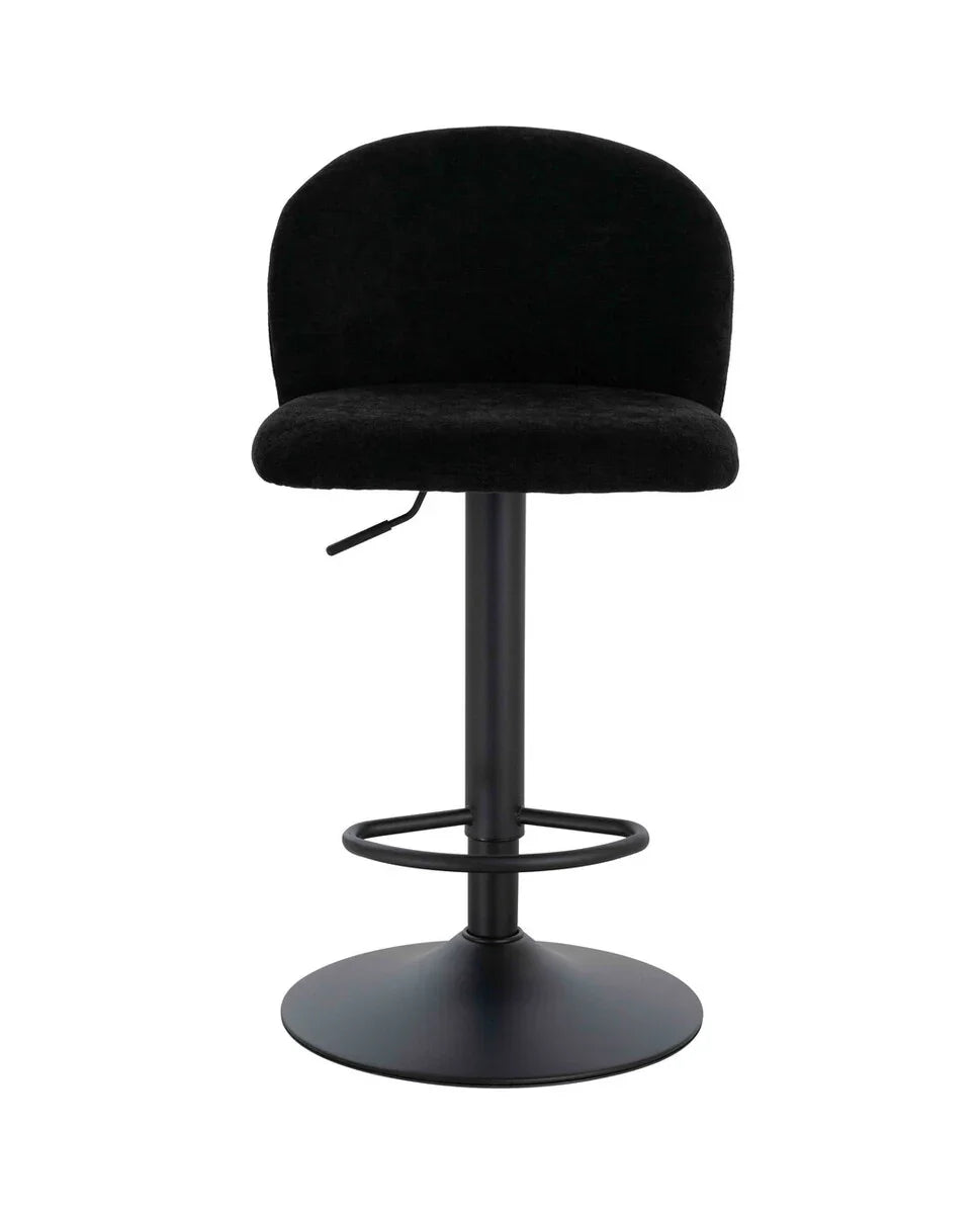 Black fabric bar stool with curved backrest and round metal base
