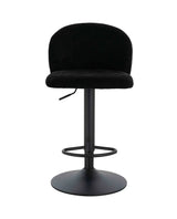 Black fabric bar stool with curved backrest and round metal base