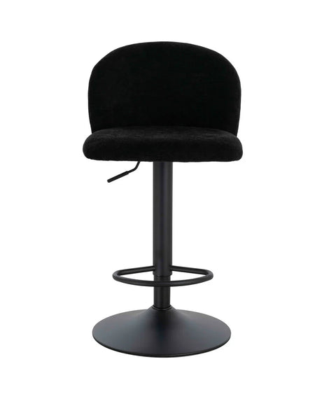 Black fabric bar stool with curved backrest and round metal base