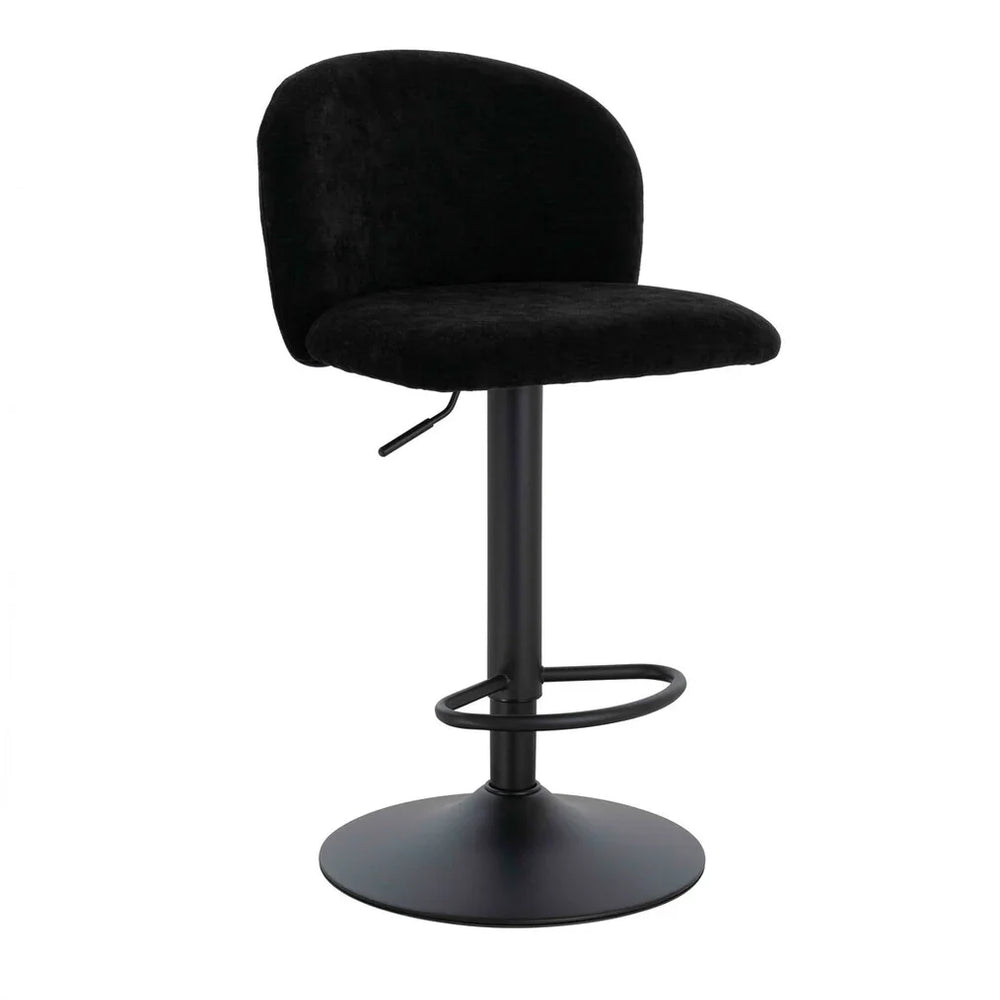 Black fabric bar stool with rounded backrest, adjustable metal base and footrest, front view