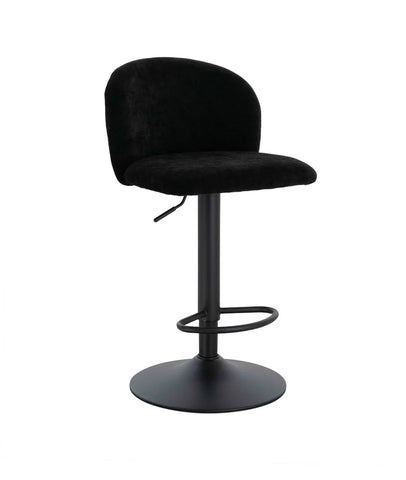 Black fabric bar stool with rounded backrest, adjustable metal base and footrest, front view