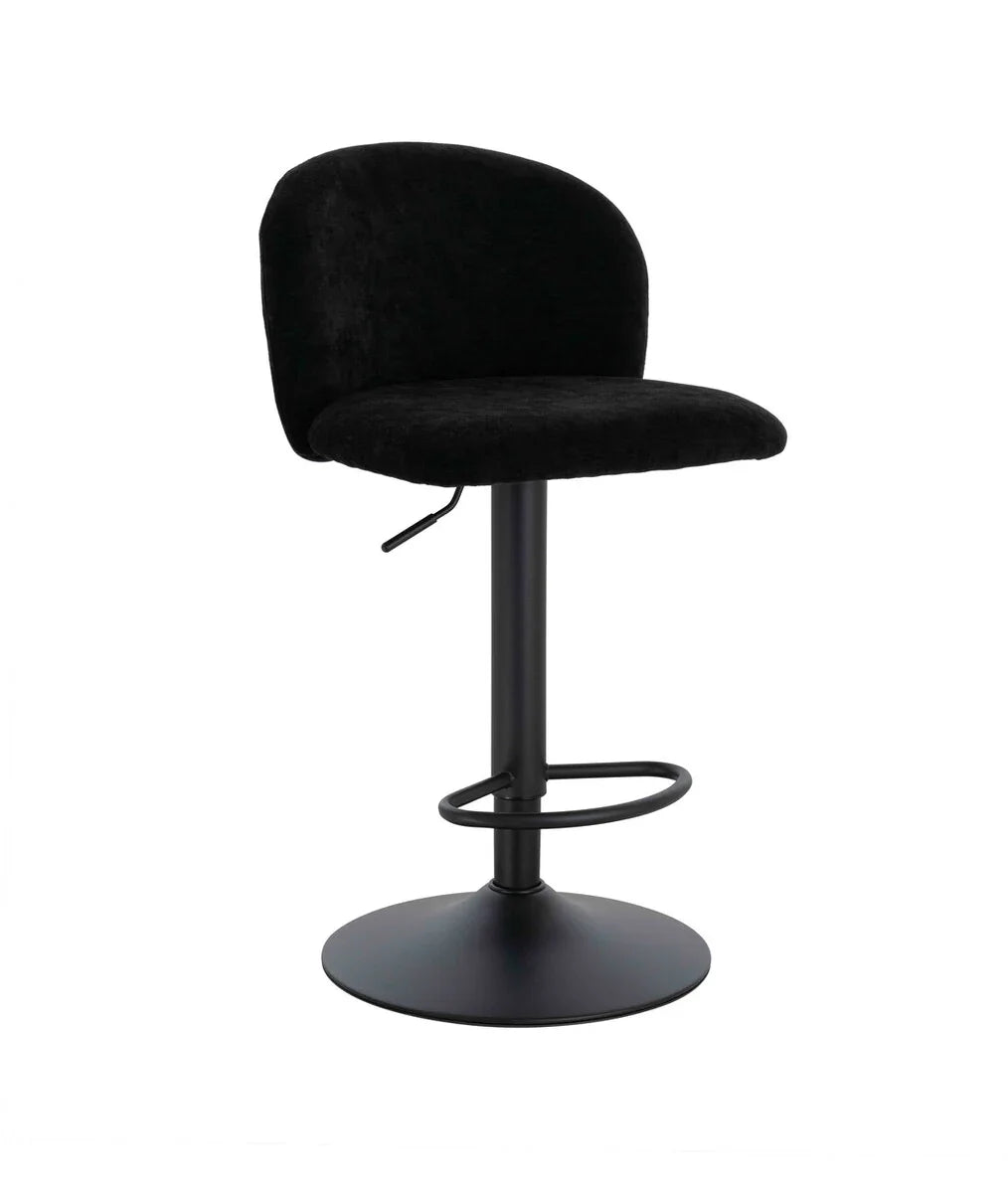 Black fabric bar stool with rounded backrest, adjustable metal base and footrest, front view