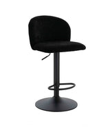 Black fabric bar stool with rounded backrest, adjustable metal base and footrest, front view