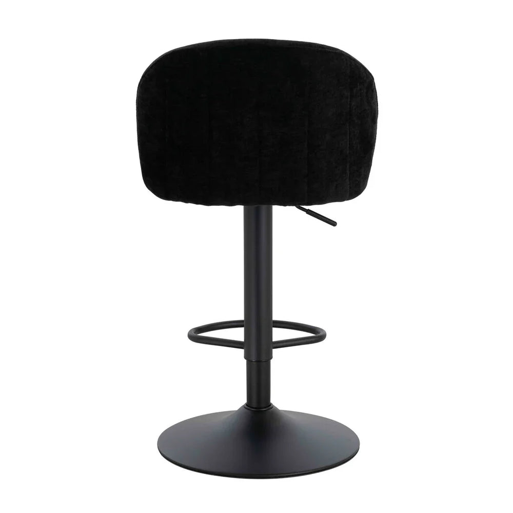 Black velvet bar stool with round metal base and backrest, rear view