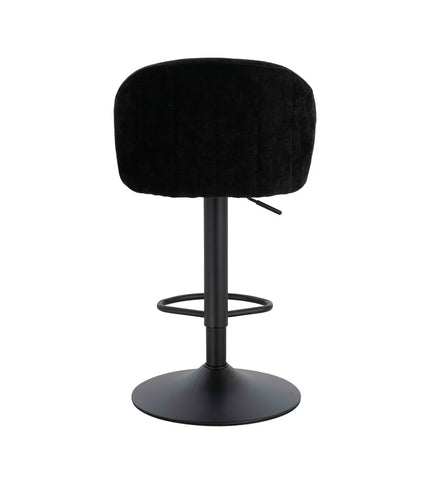 Black velvet bar stool with round metal base and backrest, rear view