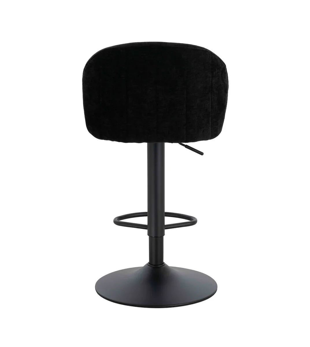 Black velvet bar stool with round metal base and backrest, rear view