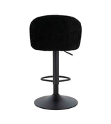 Black velvet bar stool with round metal base and backrest, rear view