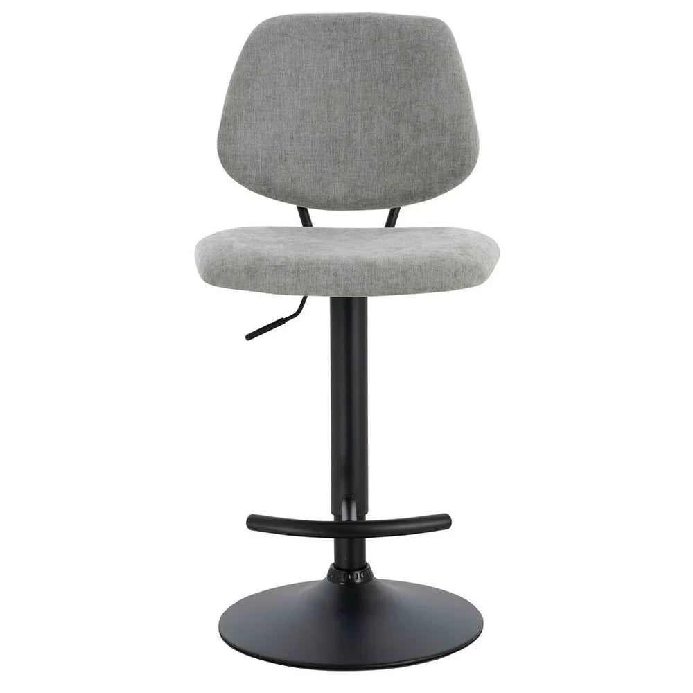 Grey fabric bar stool with black pedestal base and footrest, front view