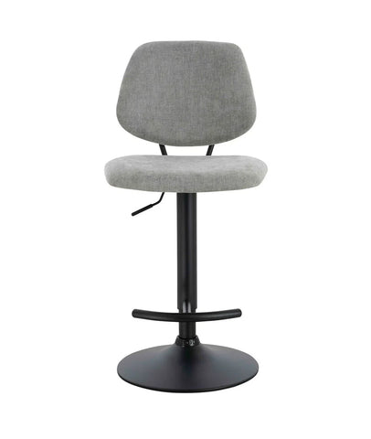 Grey fabric bar stool with black pedestal base and footrest, front view