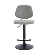 Grey fabric bar stool with black pedestal base and footrest, front view