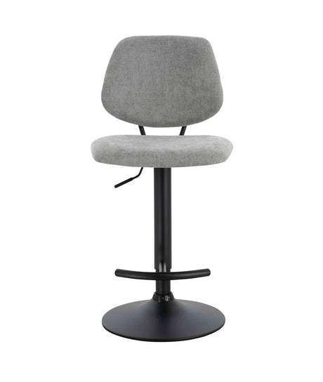 Grey fabric bar stool with black pedestal base and footrest, front view