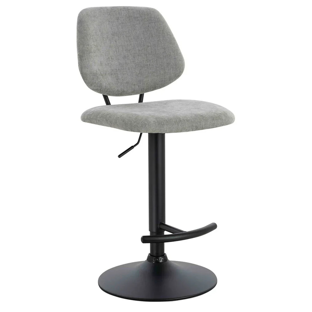Grey fabric barstool with black metal pedestal base and adjustable seat