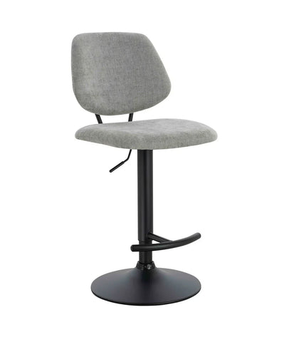 Grey fabric barstool with black metal pedestal base and adjustable seat