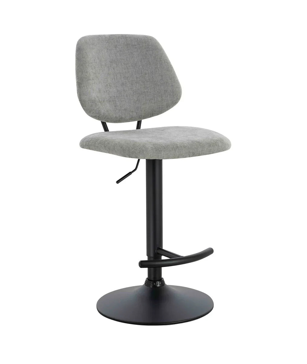 Grey fabric barstool with black metal pedestal base and adjustable seat