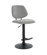 Grey fabric barstool with black metal pedestal base and adjustable seat