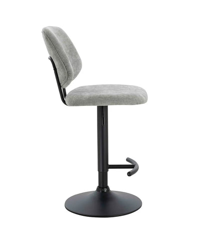 Grey fabric bar stool with cushioned seat, black pedestal base, and footrest side view