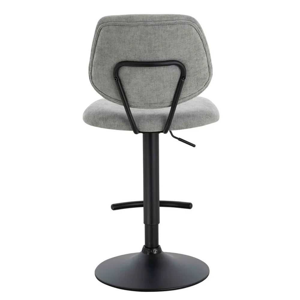 Grey fabric bar stool with black powder-coated base and height adjust lever, rear view