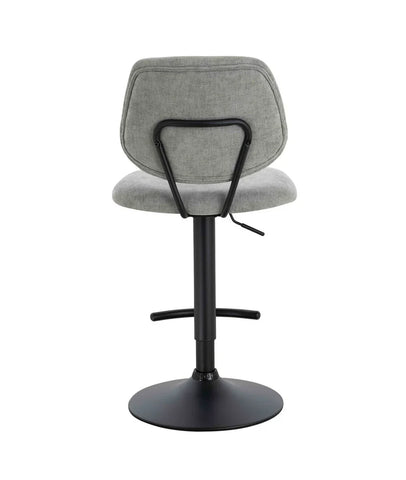 Grey fabric bar stool with black powder-coated base and height adjust lever, rear view